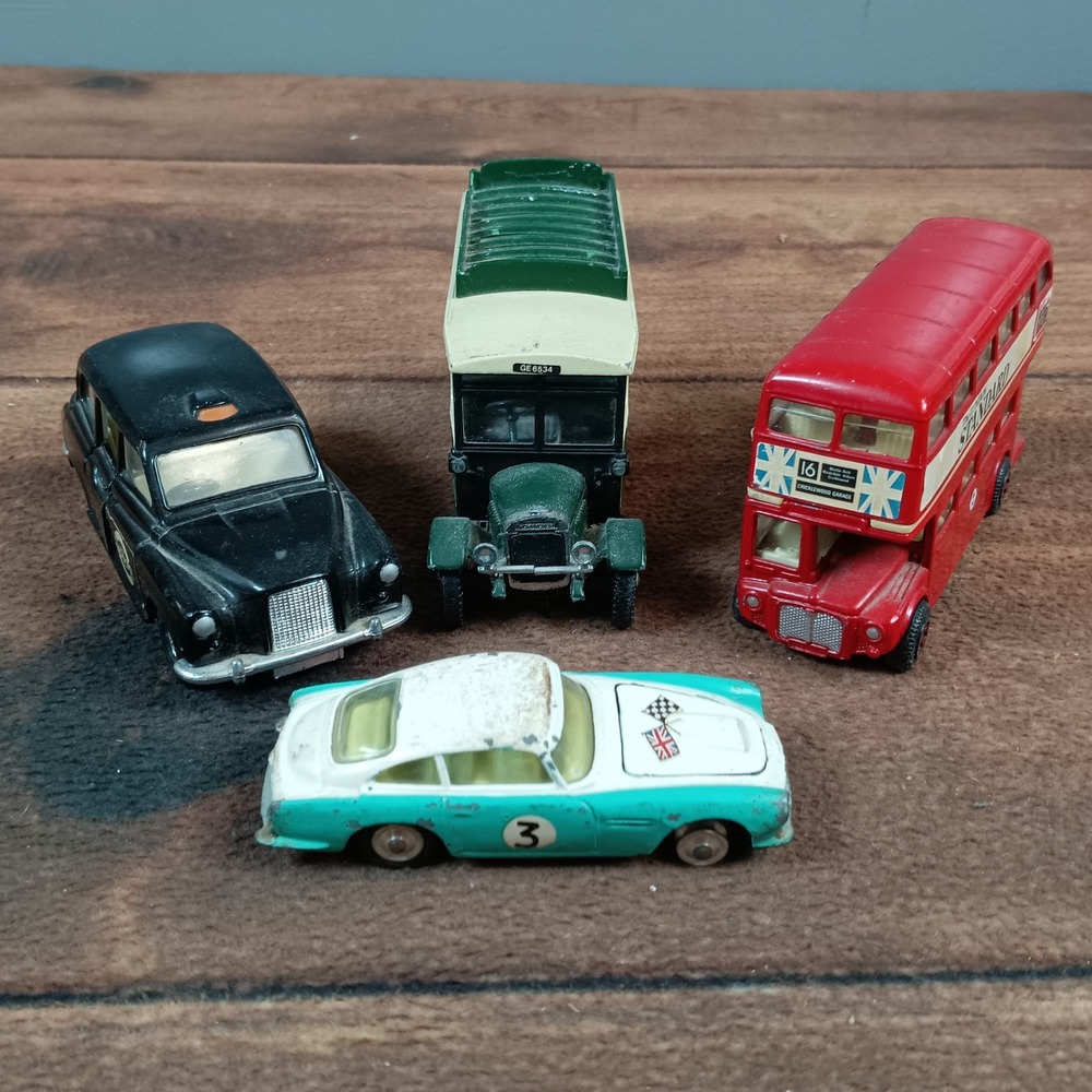Vintage Corgi Toys Diecast Lot Aston Martin DB4 London Taxi Bus Chivers Van